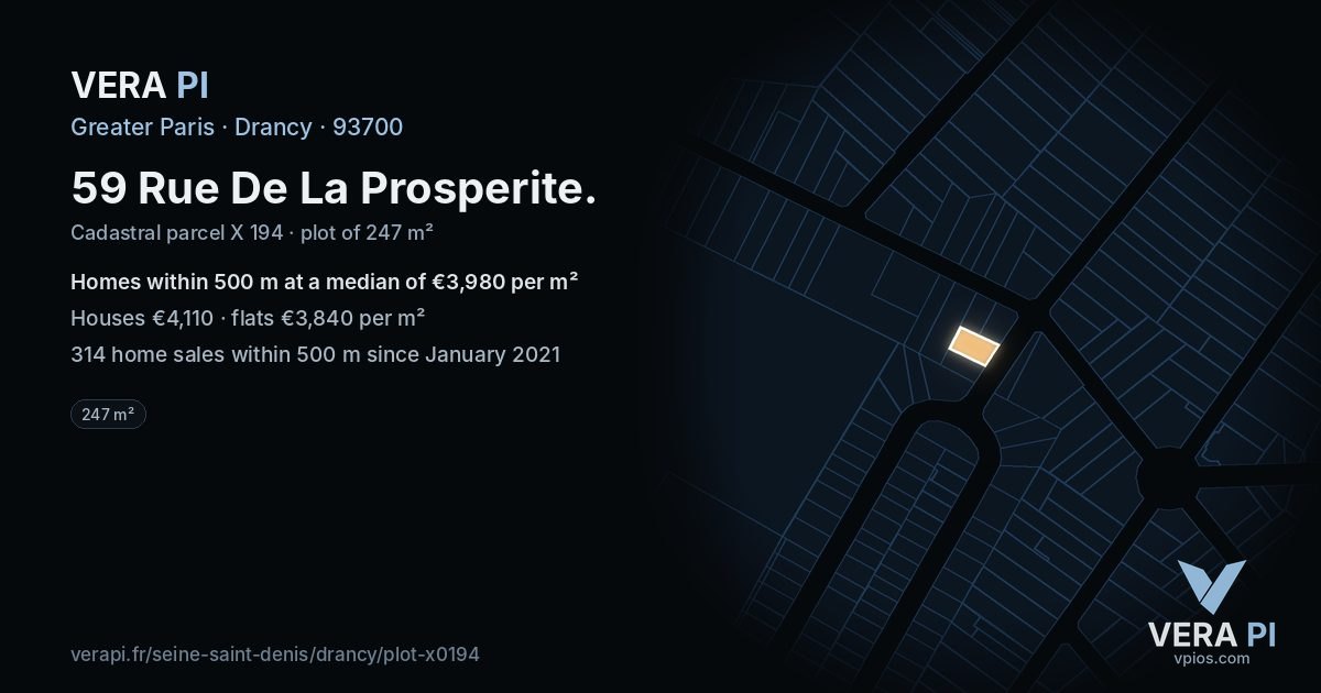 59 Rue De La Prosperite, Drancy at night – the plot lit, the parcels around coloured by the prices near them