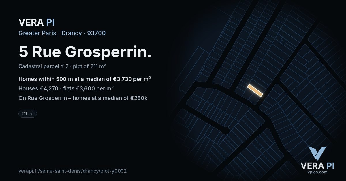 5 Rue Grosperrin, Drancy at night – the plot lit, the parcels around coloured by the prices near them