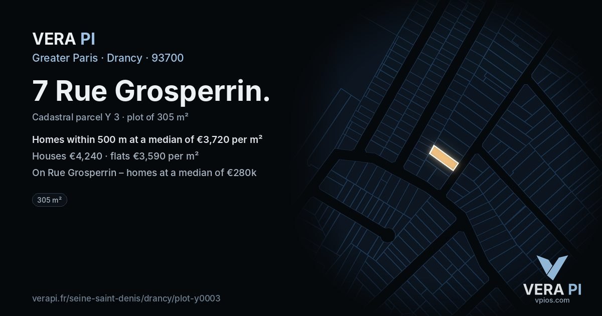 7 Rue Grosperrin, Drancy at night – the plot lit, the parcels around coloured by the prices near them