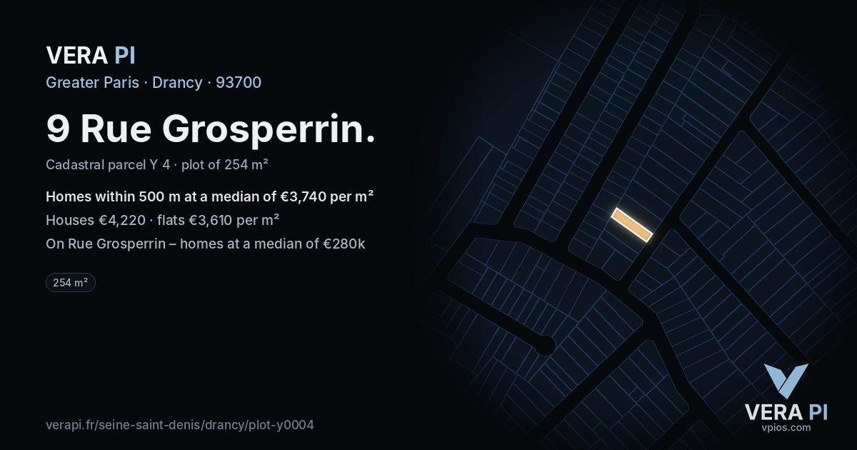 9 Rue Grosperrin, Drancy at night – the plot lit, the parcels around coloured by the prices near them