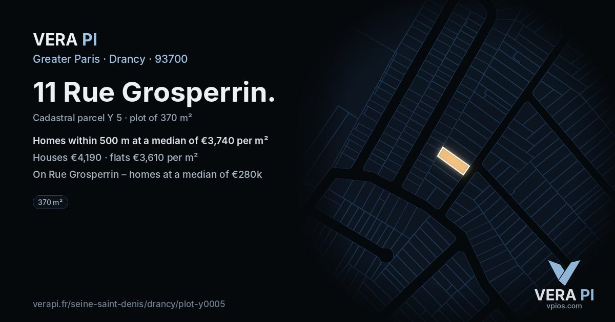 11 Rue Grosperrin, Drancy at night – the plot lit, the parcels around coloured by the prices near them