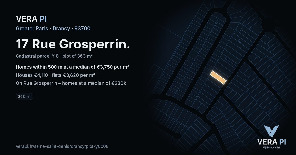 17 Rue Grosperrin, Drancy at night – the plot lit, the parcels around coloured by the prices near them