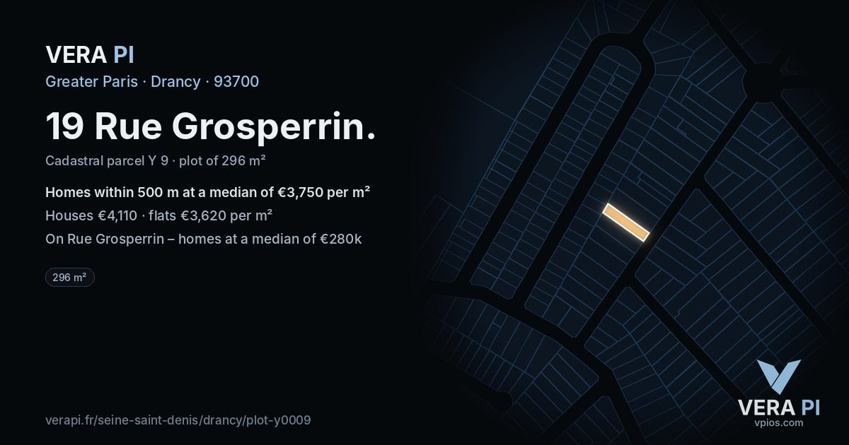 19 Rue Grosperrin, Drancy at night – the plot lit, the parcels around coloured by the prices near them