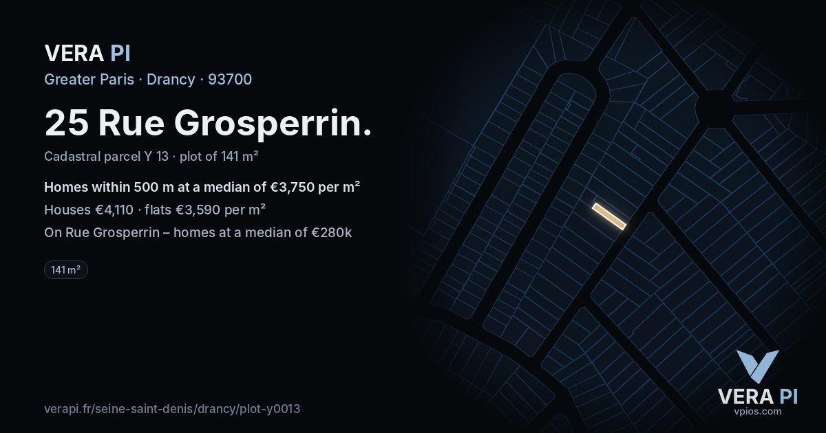 25 Rue Grosperrin, Drancy at night – the plot lit, the parcels around coloured by the prices near them
