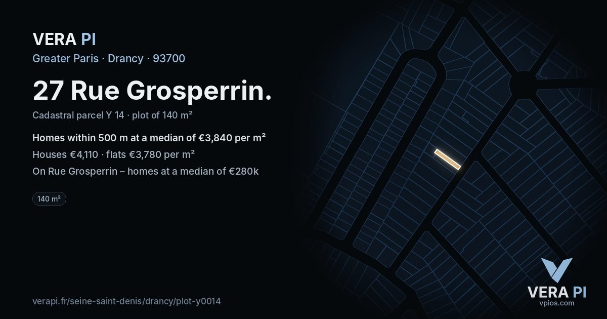 27 Rue Grosperrin, Drancy at night – the plot lit, the parcels around coloured by the prices near them