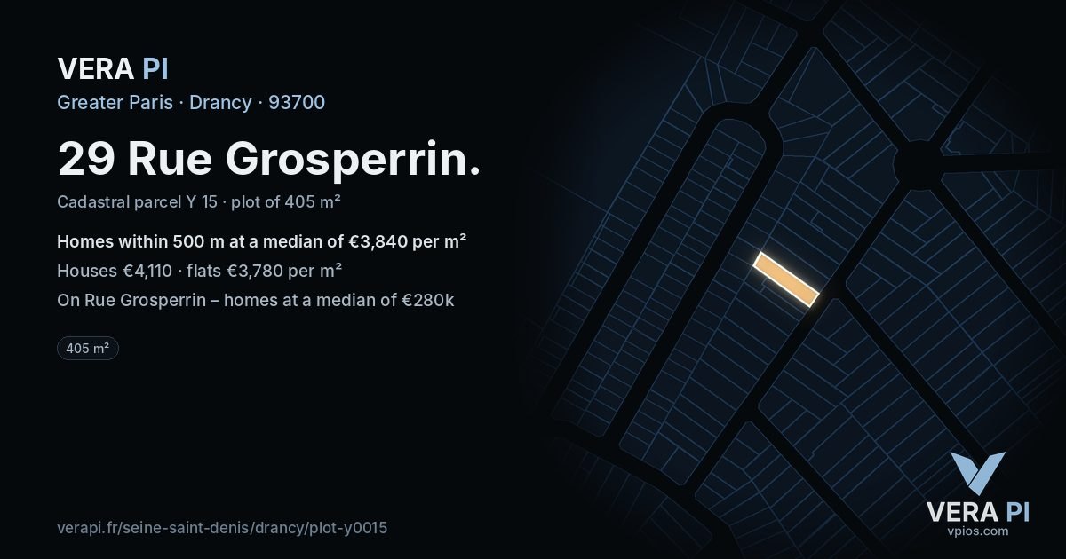 29 Rue Grosperrin, Drancy at night – the plot lit, the parcels around coloured by the prices near them