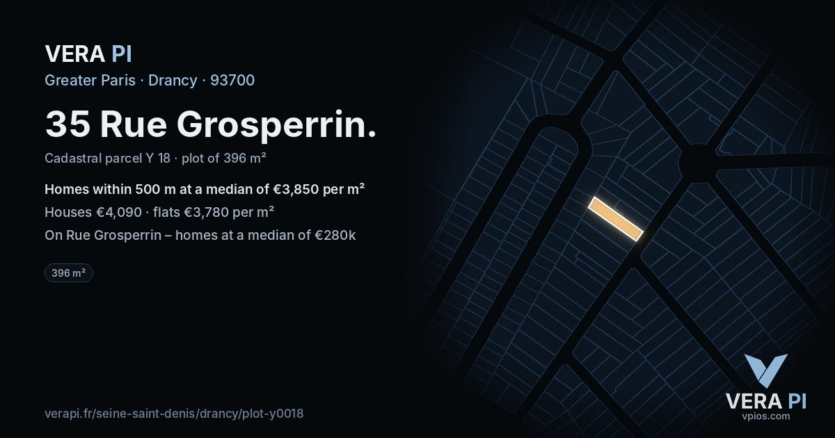 35 Rue Grosperrin, Drancy at night – the plot lit, the parcels around coloured by the prices near them