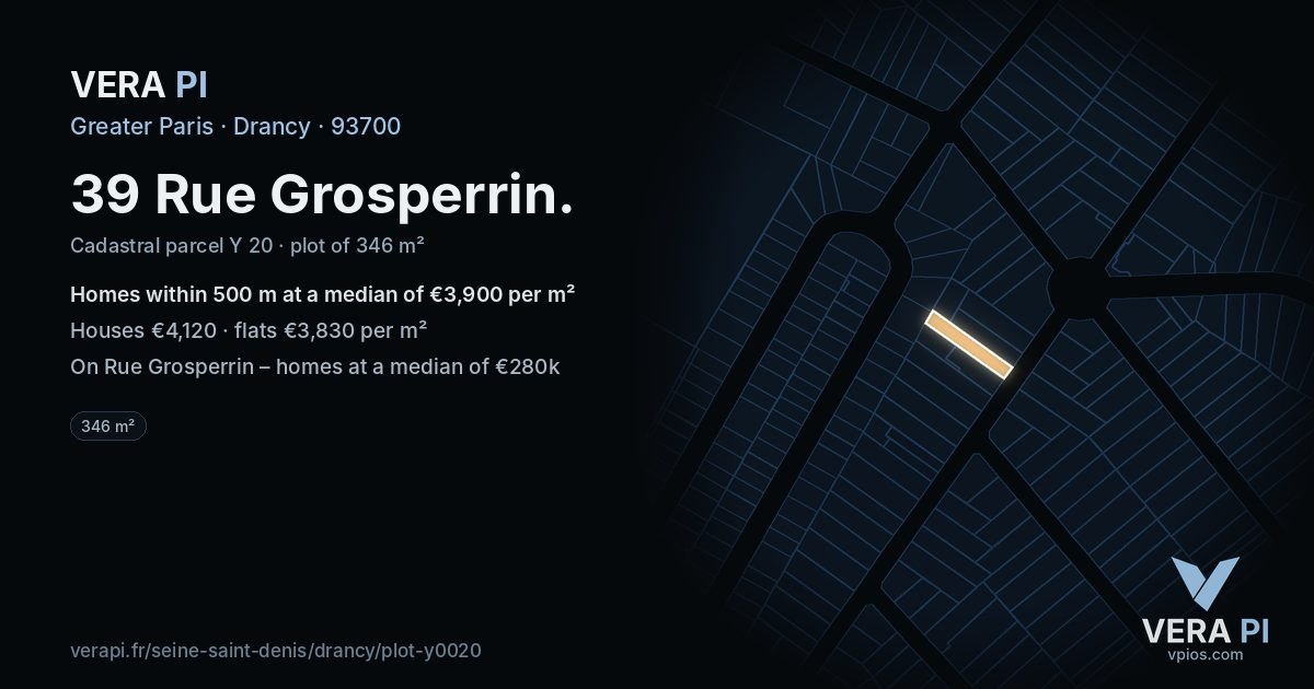 39 Rue Grosperrin, Drancy at night – the plot lit, the parcels around coloured by the prices near them