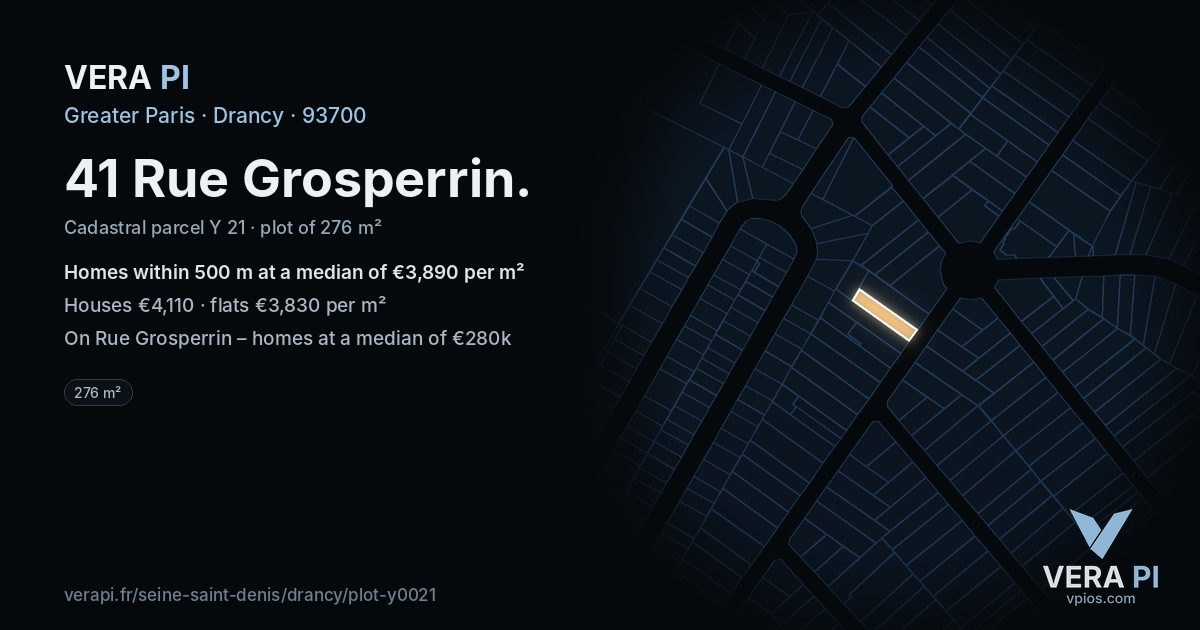 41 Rue Grosperrin, Drancy at night – the plot lit, the parcels around coloured by the prices near them