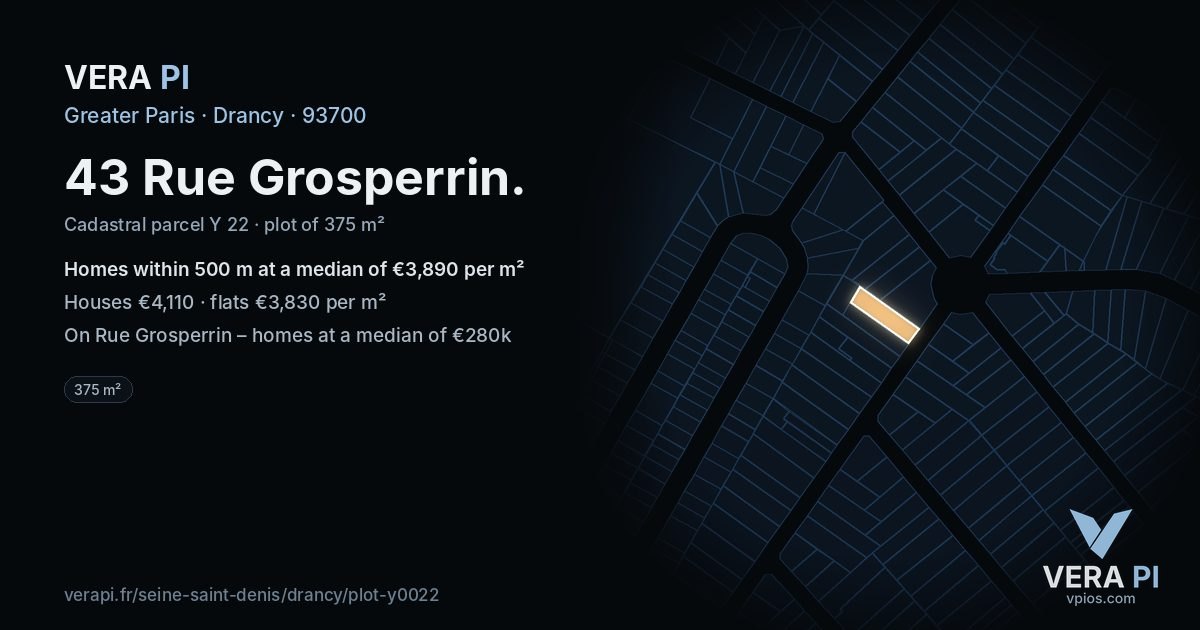 43 Rue Grosperrin, Drancy at night – the plot lit, the parcels around coloured by the prices near them