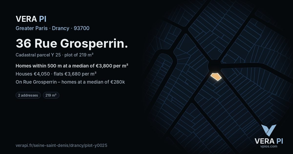 36 Rue Grosperrin, Drancy at night – the plot lit, the parcels around coloured by the prices near them
