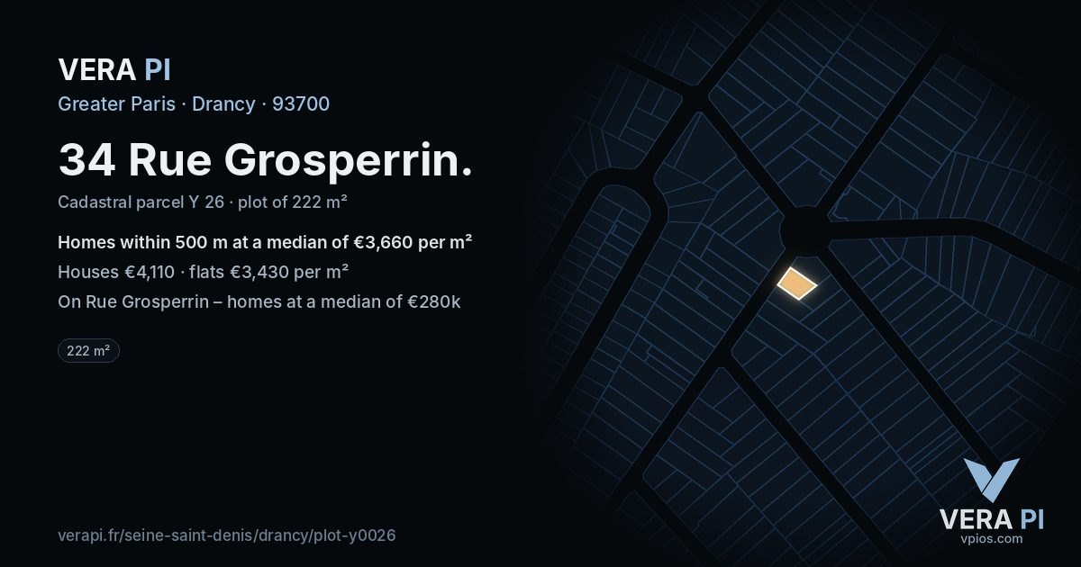 34 Rue Grosperrin, Drancy at night – the plot lit, the parcels around coloured by the prices near them