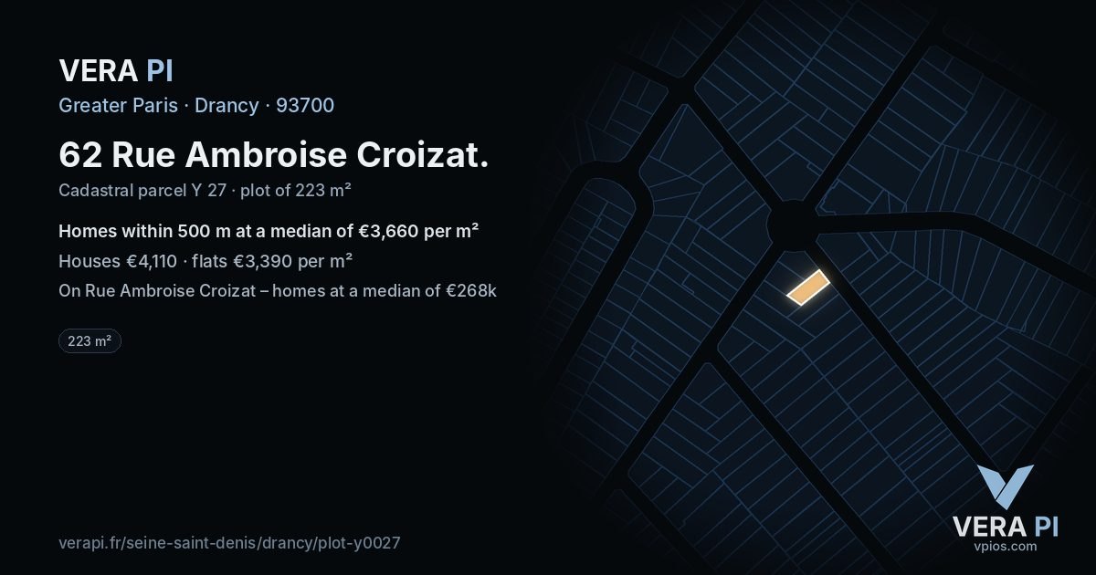 62 Rue Ambroise Croizat, Drancy at night – the plot lit, the parcels around coloured by the prices near them