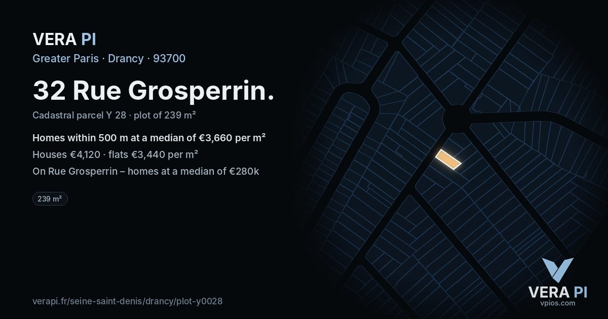 32 Rue Grosperrin, Drancy at night – the plot lit, the parcels around coloured by the prices near them