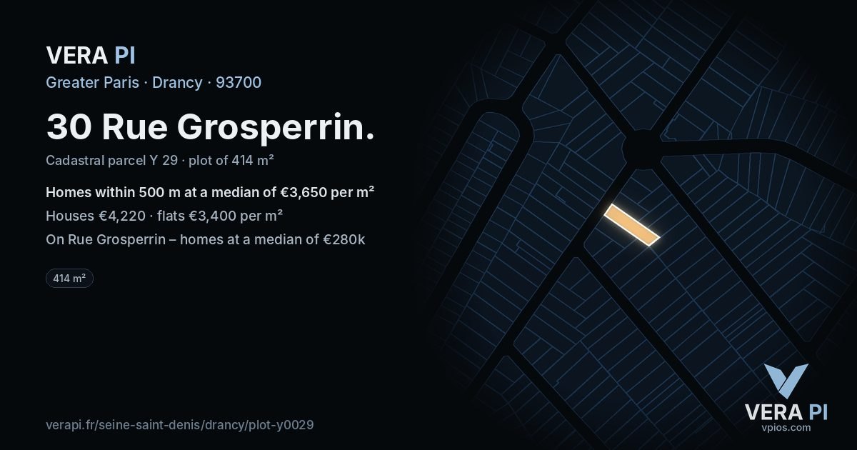 30 Rue Grosperrin, Drancy at night – the plot lit, the parcels around coloured by the prices near them