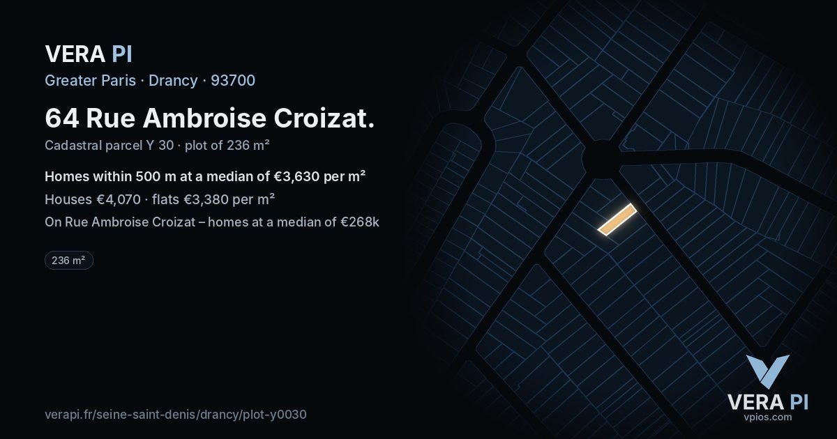 64 Rue Ambroise Croizat, Drancy at night – the plot lit, the parcels around coloured by the prices near them