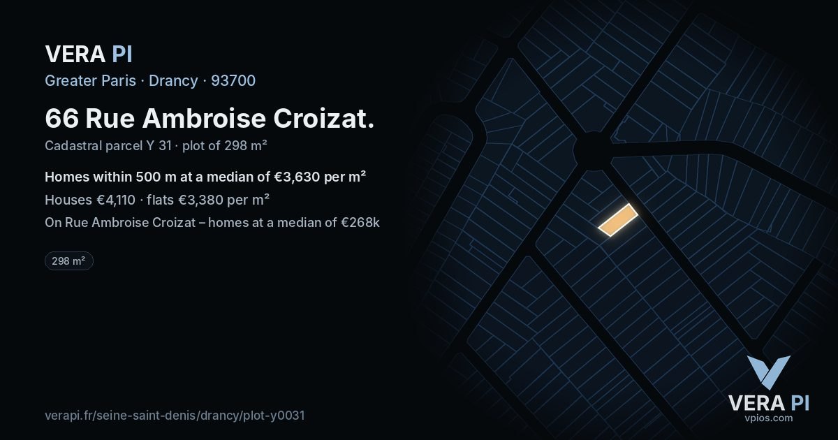 66 Rue Ambroise Croizat, Drancy at night – the plot lit, the parcels around coloured by the prices near them