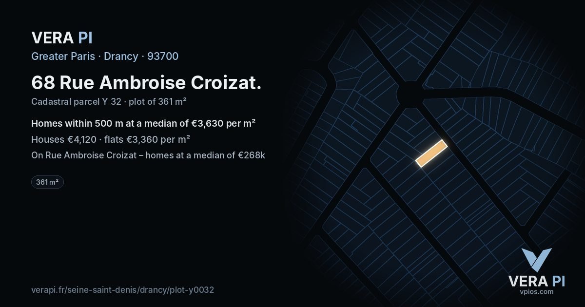 68 Rue Ambroise Croizat, Drancy at night – the plot lit, the parcels around coloured by the prices near them