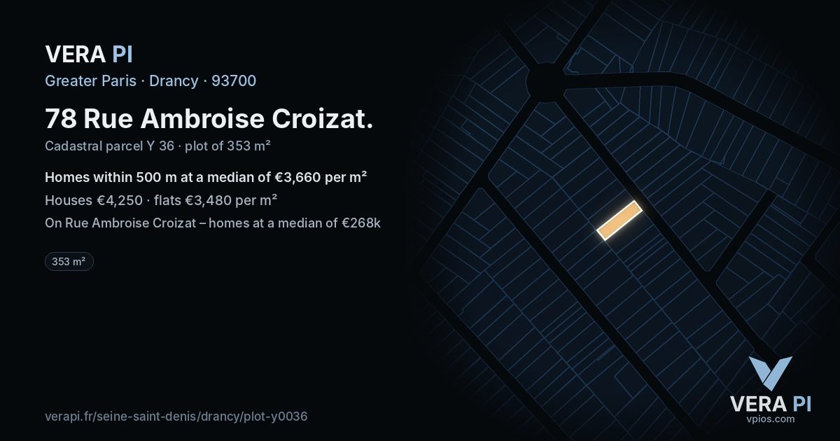 78 Rue Ambroise Croizat, Drancy at night – the plot lit, the parcels around coloured by the prices near them