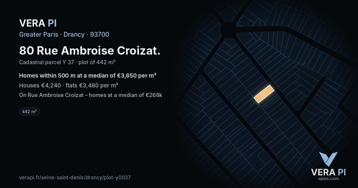 80 Rue Ambroise Croizat, Drancy at night – the plot lit, the parcels around coloured by the prices near them