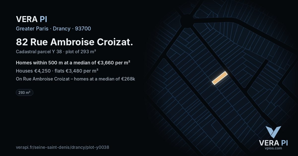 82 Rue Ambroise Croizat, Drancy at night – the plot lit, the parcels around coloured by the prices near them