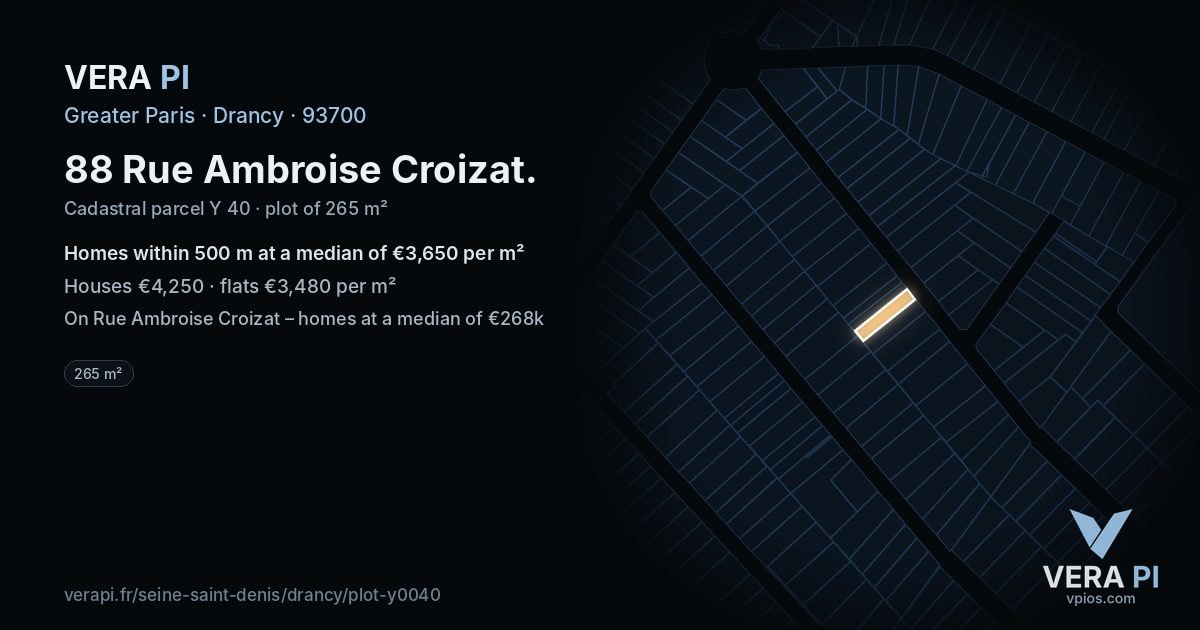 88 Rue Ambroise Croizat, Drancy at night – the plot lit, the parcels around coloured by the prices near them