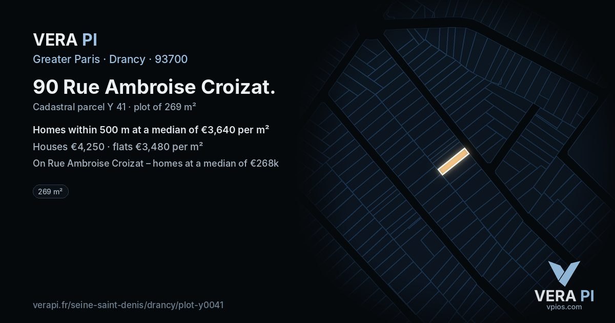 90 Rue Ambroise Croizat, Drancy at night – the plot lit, the parcels around coloured by the prices near them