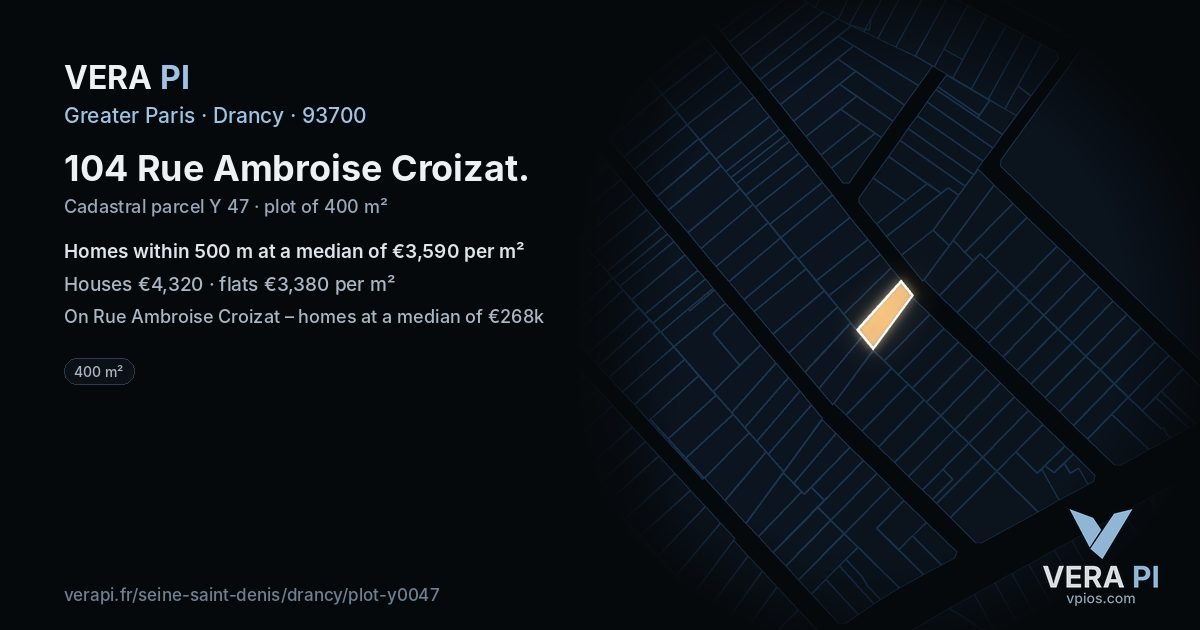 104 Rue Ambroise Croizat, Drancy at night – the plot lit, the parcels around coloured by the prices near them