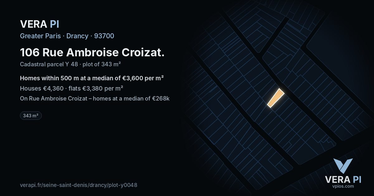 106 Rue Ambroise Croizat, Drancy at night – the plot lit, the parcels around coloured by the prices near them