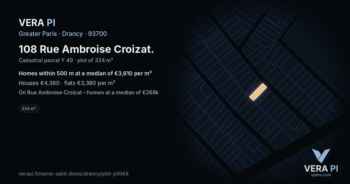 108 Rue Ambroise Croizat, Drancy at night – the plot lit, the parcels around coloured by the prices near them