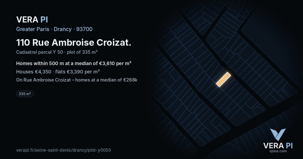 110 Rue Ambroise Croizat, Drancy at night – the plot lit, the parcels around coloured by the prices near them