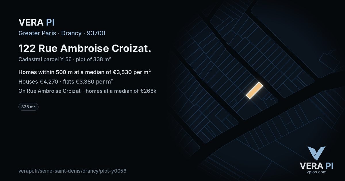 122 Rue Ambroise Croizat, Drancy at night – the plot lit, the parcels around coloured by the prices near them