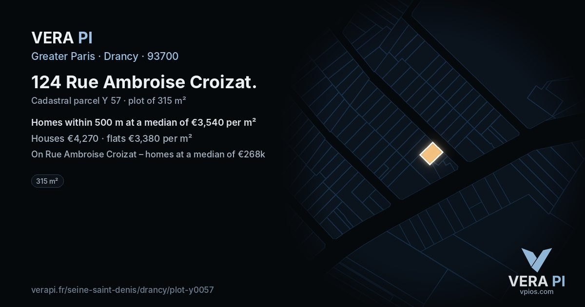 124 Rue Ambroise Croizat, Drancy at night – the plot lit, the parcels around coloured by the prices near them