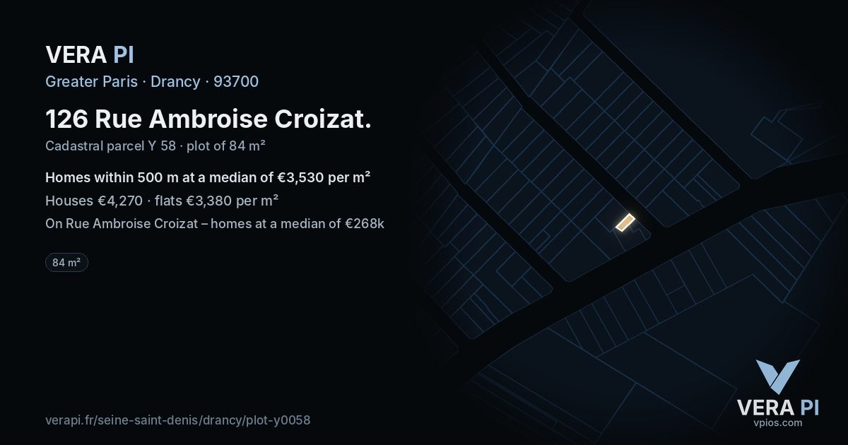 126 Rue Ambroise Croizat, Drancy at night – the plot lit, the parcels around coloured by the prices near them