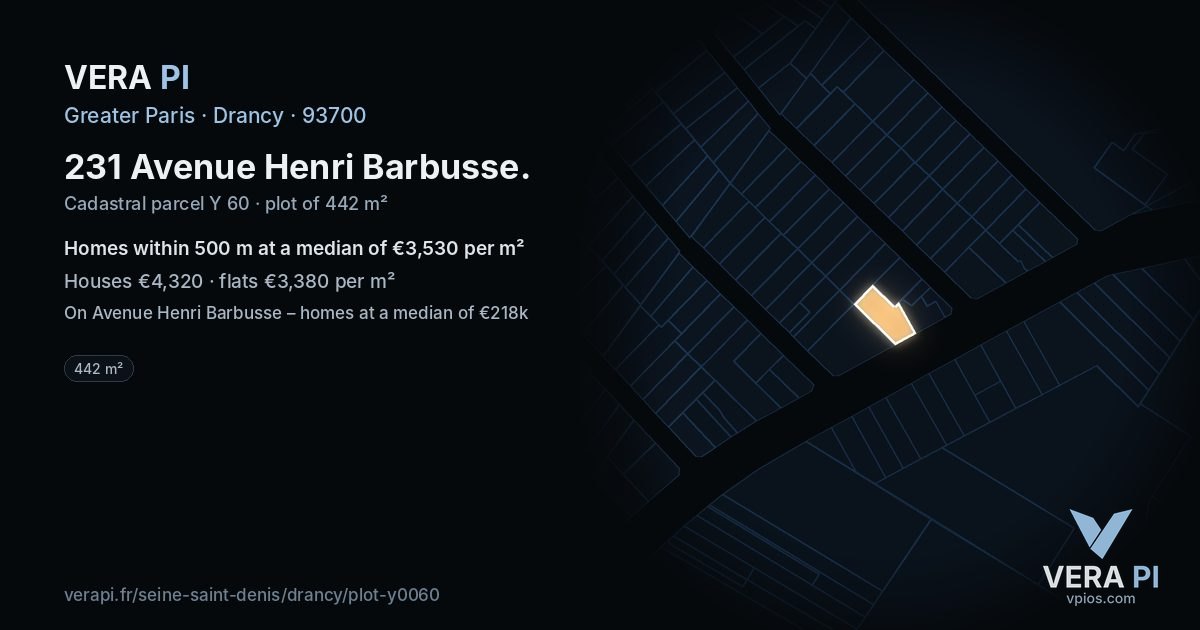 231 Avenue Henri Barbusse, Drancy at night – the plot lit, the parcels around coloured by the prices near them