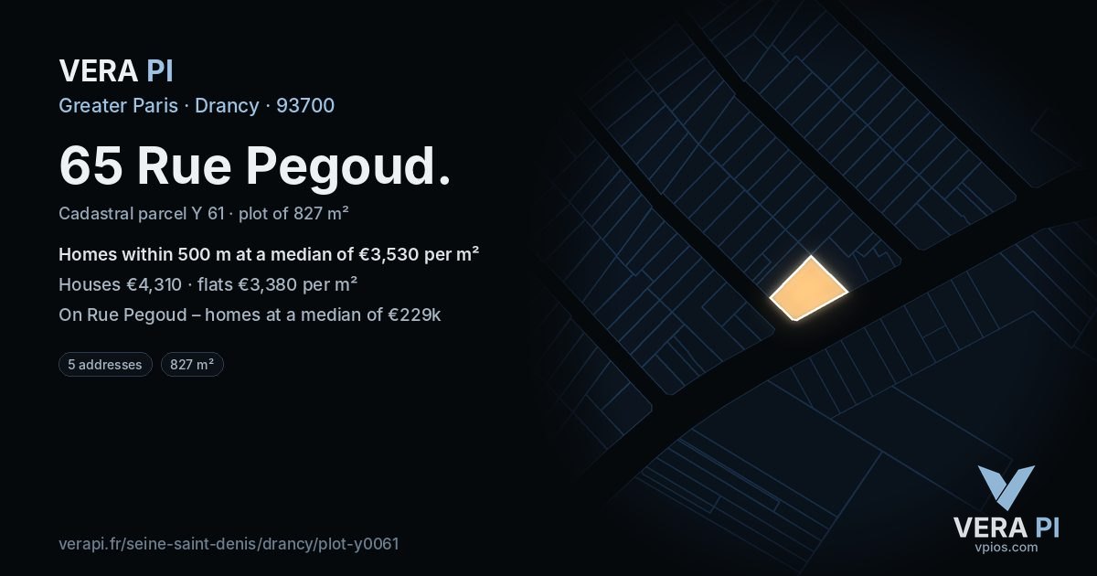 65 Rue Pegoud, Drancy at night – the plot lit, the parcels around coloured by the prices near them