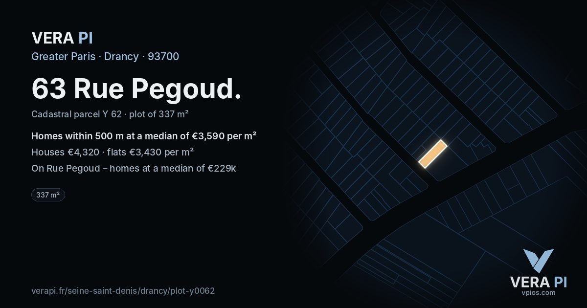 63 Rue Pegoud, Drancy at night – the plot lit, the parcels around coloured by the prices near them