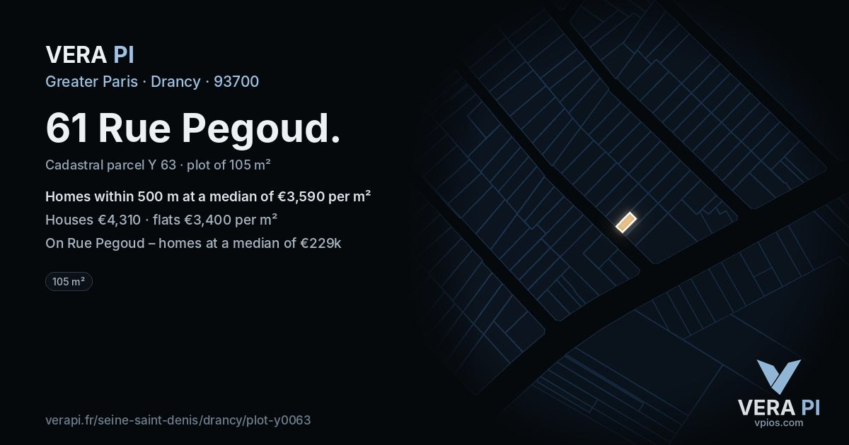 61 Rue Pegoud, Drancy at night – the plot lit, the parcels around coloured by the prices near them