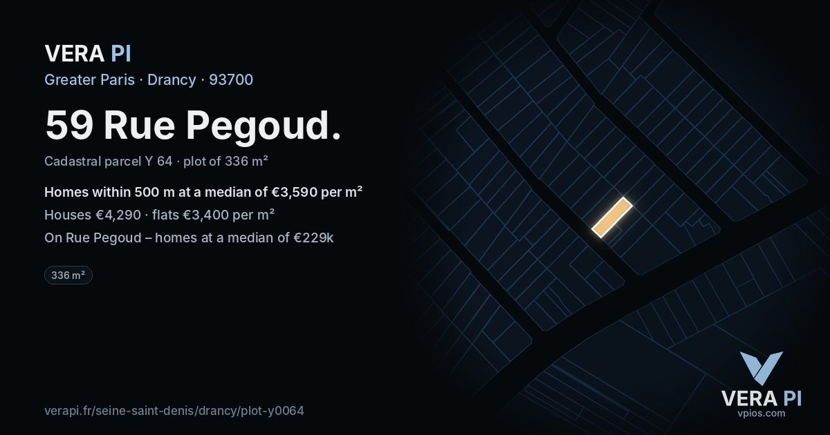 59 Rue Pegoud, Drancy at night – the plot lit, the parcels around coloured by the prices near them