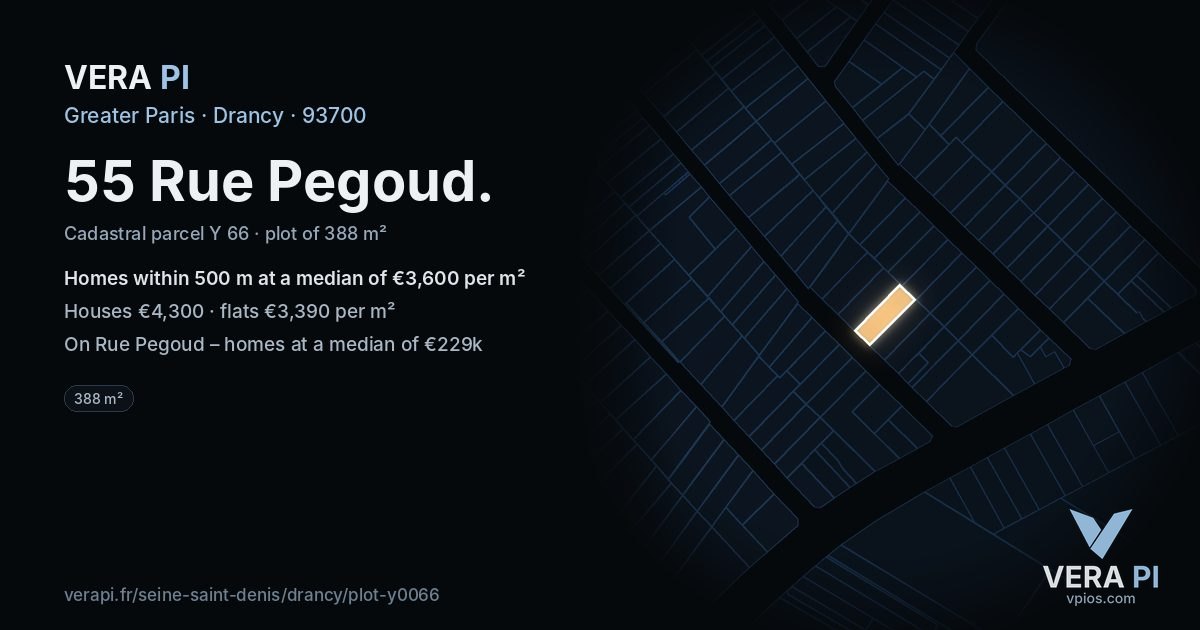 55 Rue Pegoud, Drancy at night – the plot lit, the parcels around coloured by the prices near them