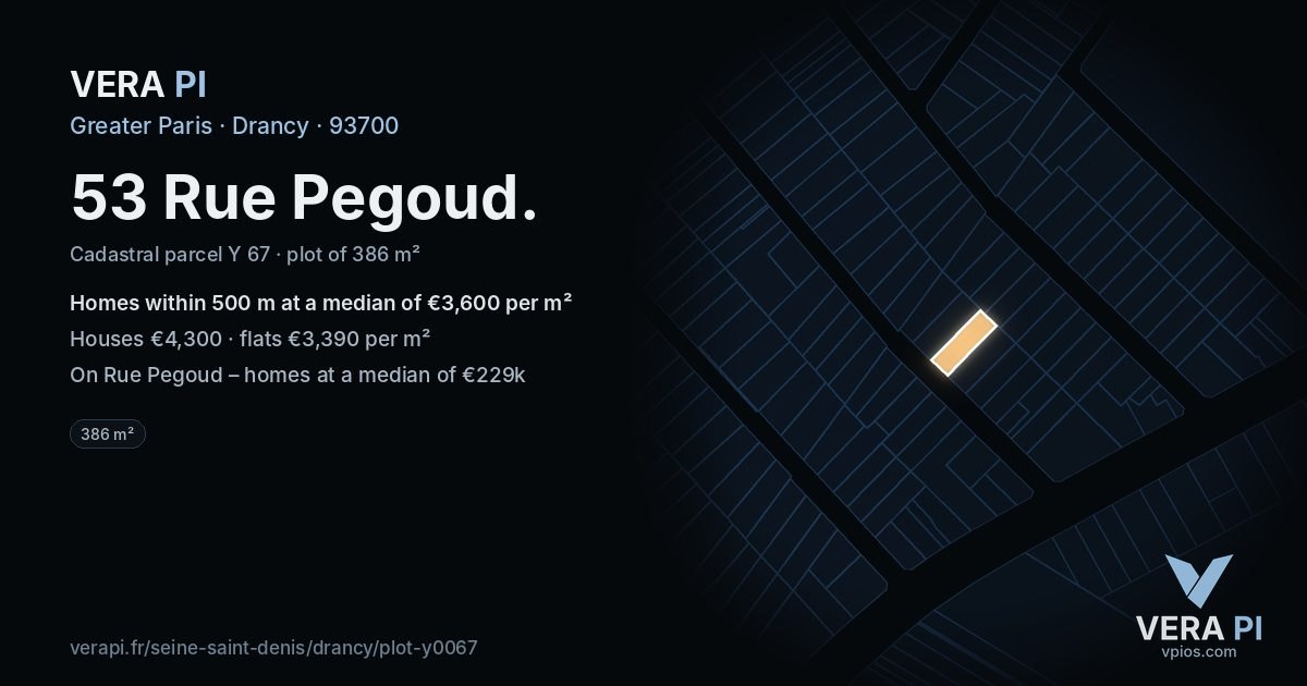 53 Rue Pegoud, Drancy at night – the plot lit, the parcels around coloured by the prices near them