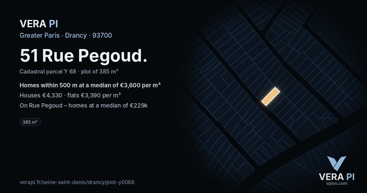 51 Rue Pegoud, Drancy at night – the plot lit, the parcels around coloured by the prices near them