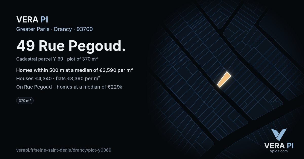 49 Rue Pegoud, Drancy at night – the plot lit, the parcels around coloured by the prices near them