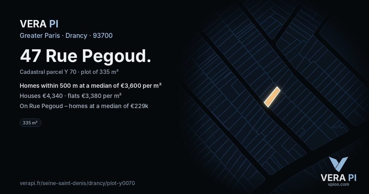 47 Rue Pegoud, Drancy at night – the plot lit, the parcels around coloured by the prices near them