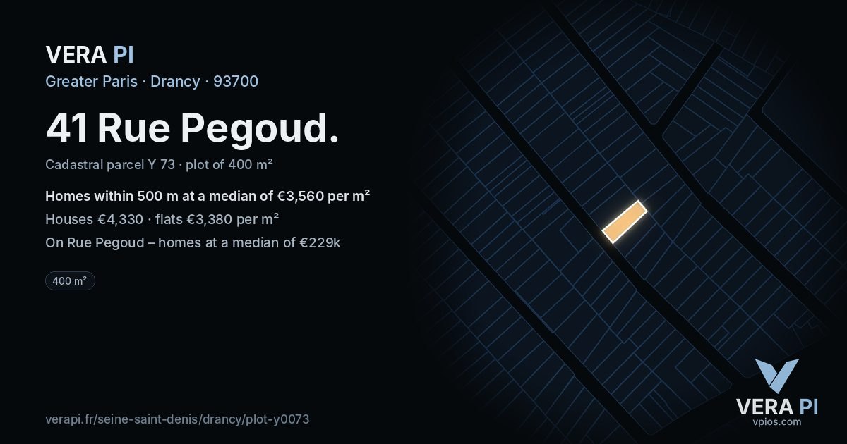 41 Rue Pegoud, Drancy at night – the plot lit, the parcels around coloured by the prices near them