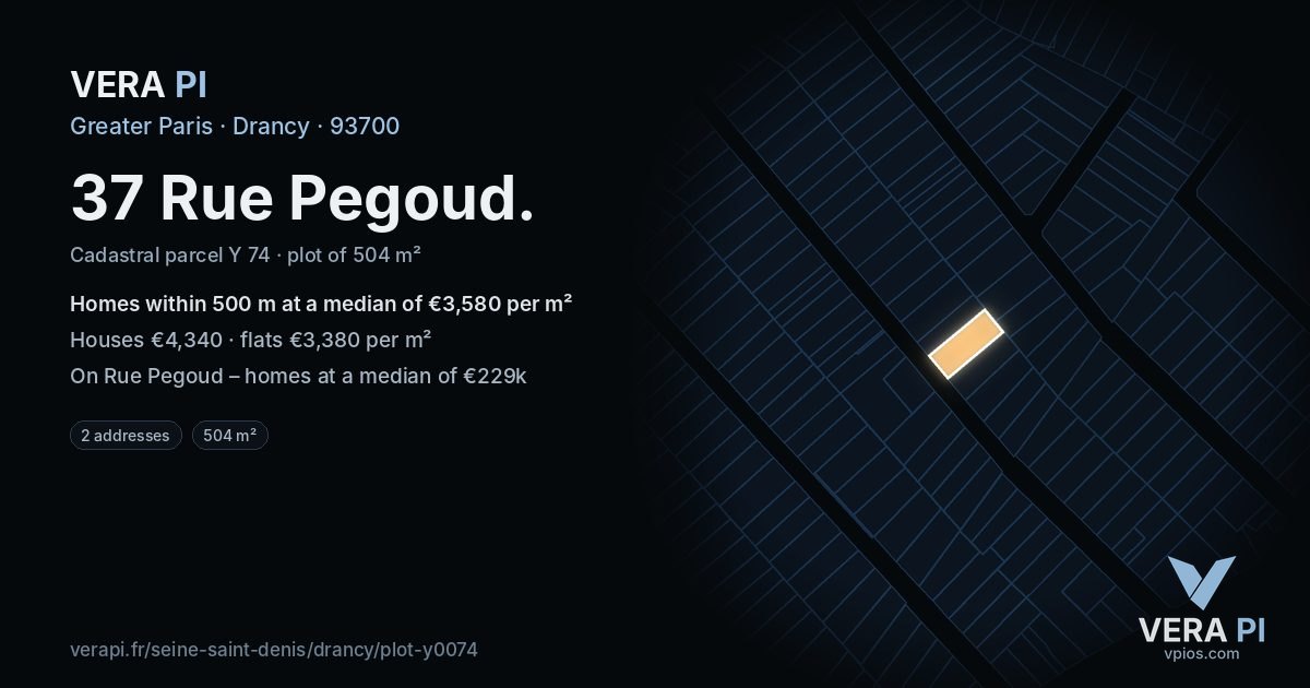 37 Rue Pegoud, Drancy at night – the plot lit, the parcels around coloured by the prices near them