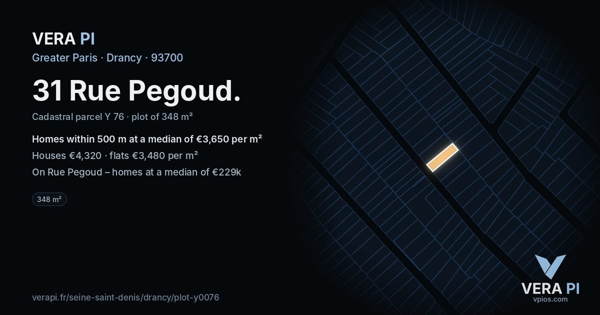 31 Rue Pegoud, Drancy at night – the plot lit, the parcels around coloured by the prices near them