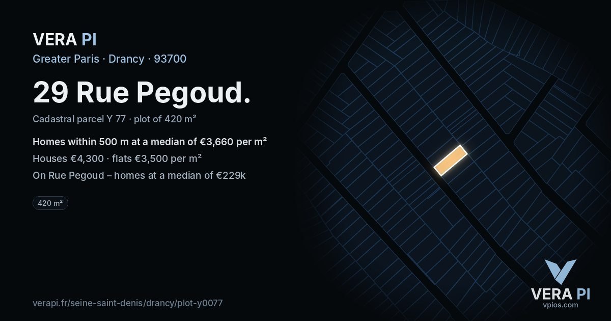 29 Rue Pegoud, Drancy at night – the plot lit, the parcels around coloured by the prices near them
