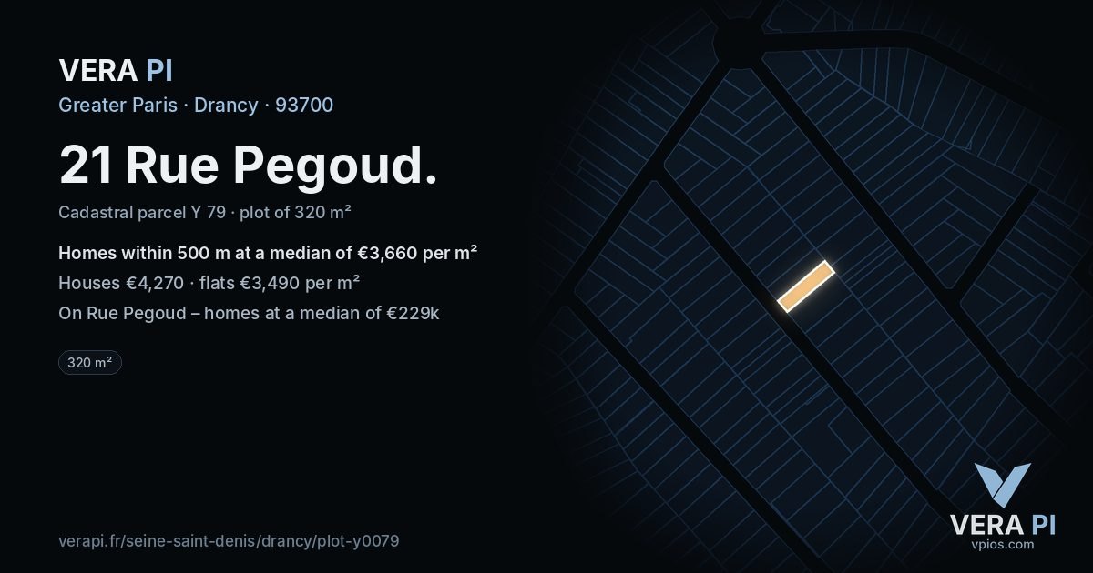 21 Rue Pegoud, Drancy at night – the plot lit, the parcels around coloured by the prices near them