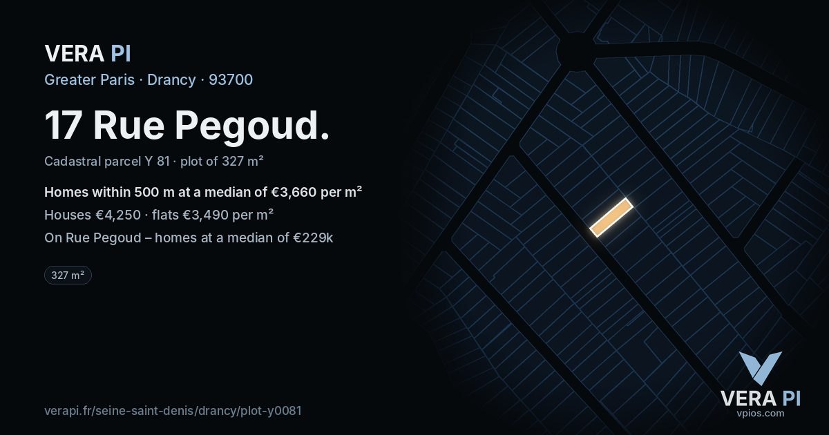 17 Rue Pegoud, Drancy at night – the plot lit, the parcels around coloured by the prices near them